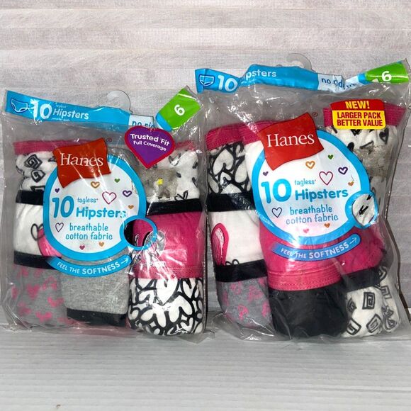 2 Hanes Girls' Tagless Hipsters, No Ride Up, Size 6, 10 Pack Brand New! - Picture 1 of 5